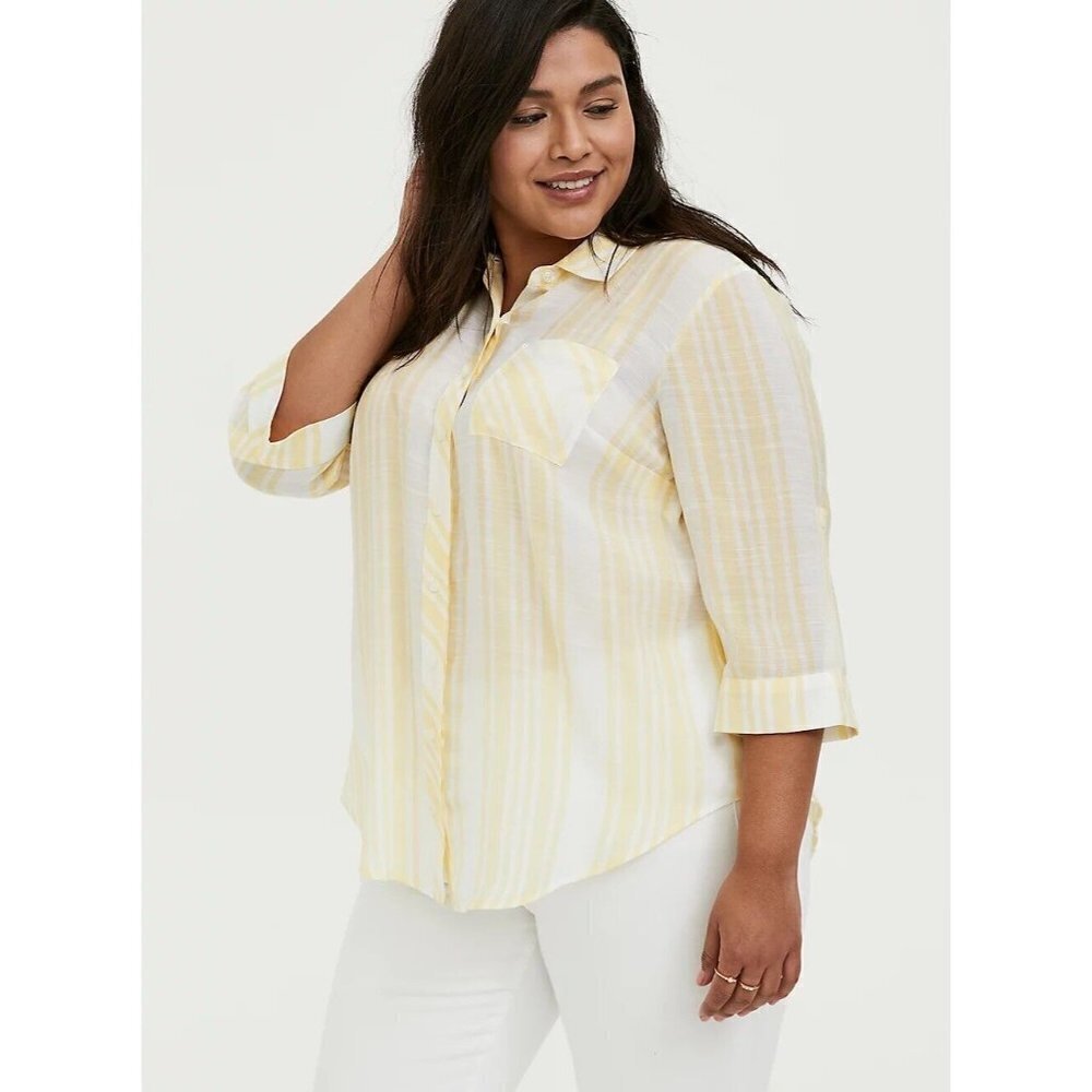 Torrid Yellow White Striped Button Up Collared Roll Tab Sleeve Blouse Size 6X